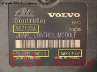 ABS Hydraulikblock Volvo P08671225 8671224 Ate 10.0204-0367.4 10.0925-0403.3 5WK84002