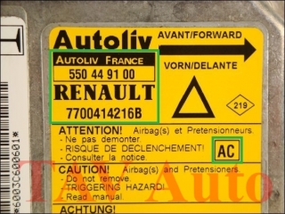 Airbag Steuergeraet 7700414216B AC Autoliv 550449100 Renault Laguna