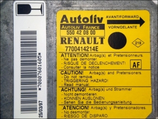Airbag Steuergeraet 7700414214E AF Autoliv 550420800 Renault Clio