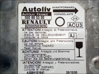 Airbag Steuergeraet 8200058365C Autoliv 550885300 AJ Renault Twingo