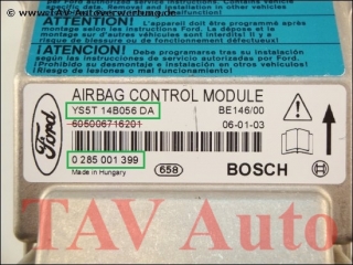 Airbag Steuergeraet Ford YS5T-14B056-DA Bosch 0285001399 BE146/00 1122413