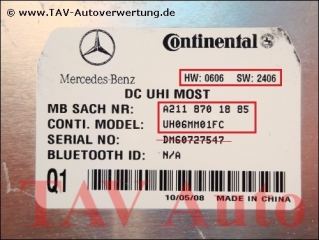 Control unit DC UHI MOST Mercedes A 211-870-18-85 Continental UH06MM01FC HW0606 SW2406