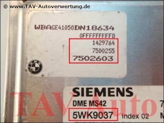Motor-Steuergeraet DME MS42 Siemens 5WK9037 BMW 7500255 1429764 7502603