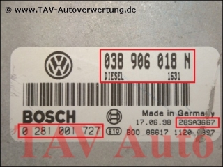 Engine control unit Bosch 0-281-001-727 038-906-018-N VW Passat 1.9 TDI AHU