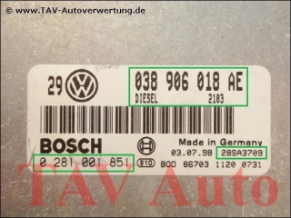 Motor-Steuergeraet Bosch 0281001851 038906018AE 28SA3709 VW Bora Golf 1.9 TDI ALH