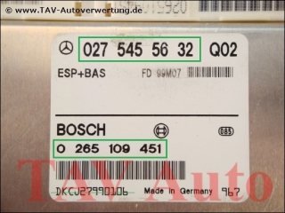 ESP+BAS Steuergeraet Mercedes A 0275455632 Q02 Bosch 0265109451