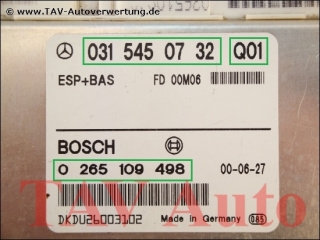 ESP+BAS Steuergeraet Mercedes A 0315450732 Q01 Bosch 0265109498