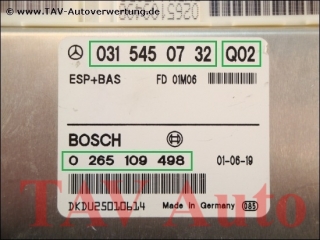 ESP+BAS Steuergeraet Mercedes A 0315450732 Q02 Bosch 0265109498