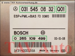 ESP+PML+BAS Steuergeraet Mercedes A 0315450832 Q01 Bosch 0265109499