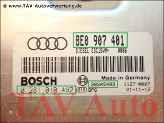 Motor-Steuergeraet Bosch 0281010492 8E0907401 Audi A4 2.5 TDI AYM