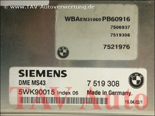 Motor-Steuergeraet DME MS43 BMW 7519308 Siemens 5WK90015 7506937 7521976