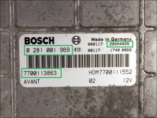 Engine control unit Bosch 0-281-001-969 7700-113-863 HOM-7700111552 Renault Megane 1.9 dTi