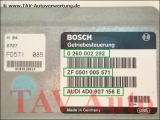 Transmission control unit Audi A8 4D0-927-156-E Bosch 0-260-002-292 ZF 0501-005-571